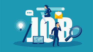 Vector of businesspeople searching for employment opportunities using modern technologies