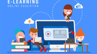E-learning online education concept illustration. Kids studying at home via internet. Young people cartoon in flat design style vector illustration.