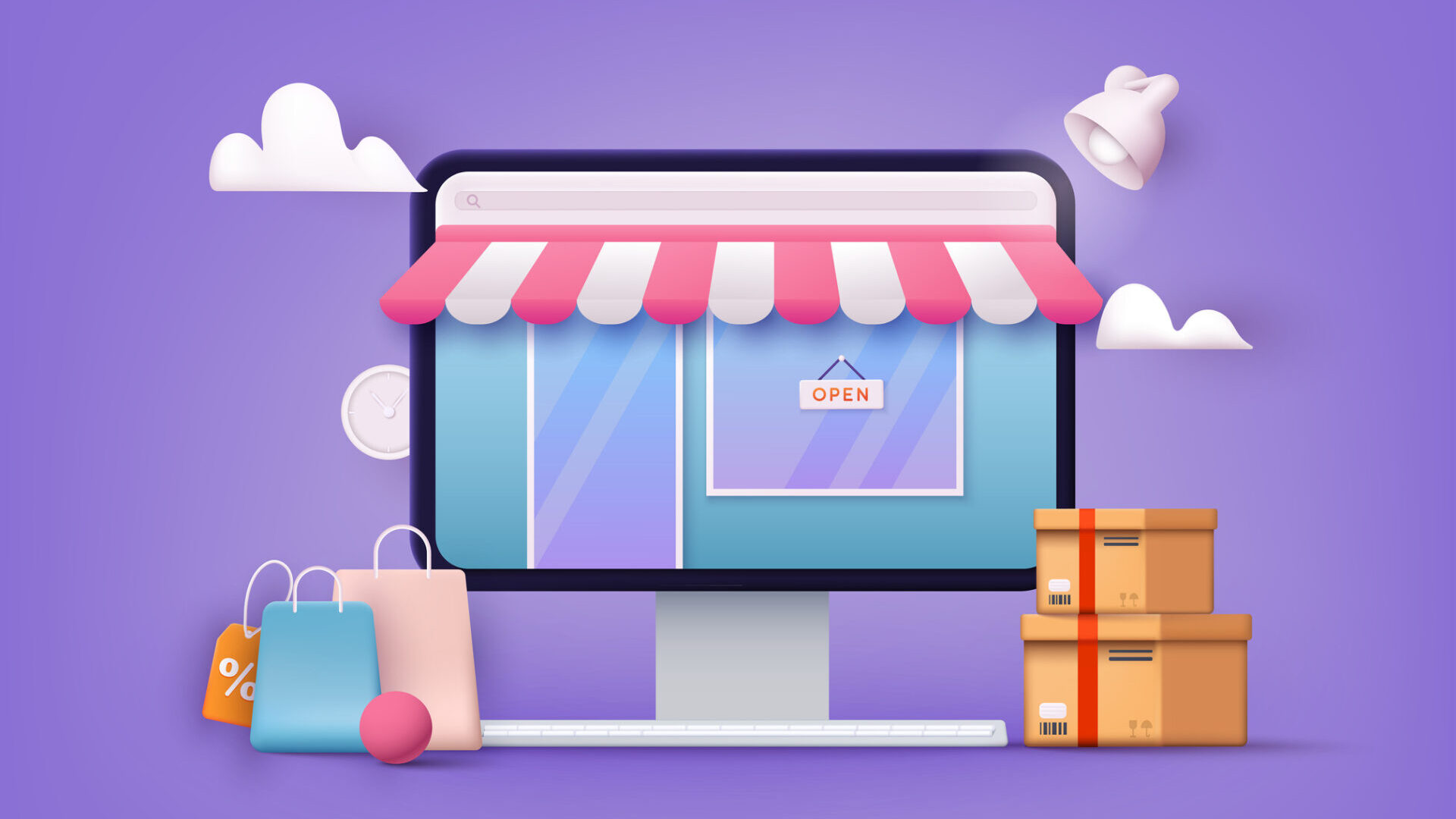 Online shopping.Design graphic elements, signs, symbols. Mobile marketing and digital marketing. 3D Web Vector Illustrations.